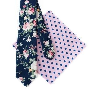 ⚜️HP⚜️ Navy Floral Necktie & Pink Pocket Square